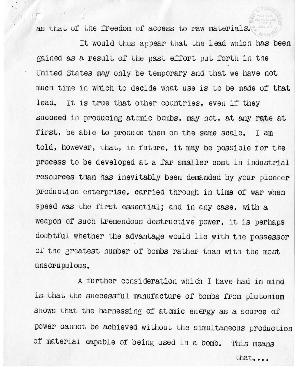 Memorandum from Prime Minister Clement Attlee to President Harry S. Truman