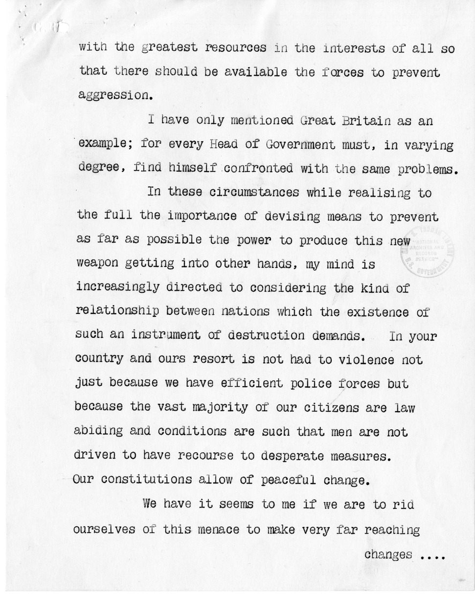 Memorandum from Prime Minister Clement Attlee to President Harry S. Truman