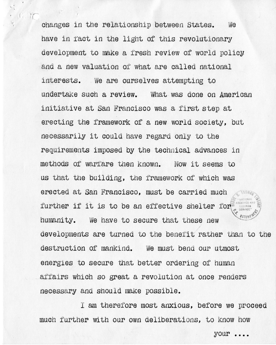 Memorandum from Prime Minister Clement Attlee to President Harry S. Truman