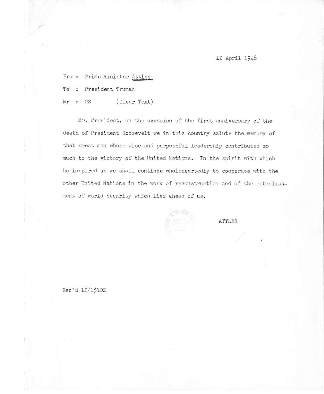 Memorandum from Prime Minister Clement Attlee to President Harry S. Truman