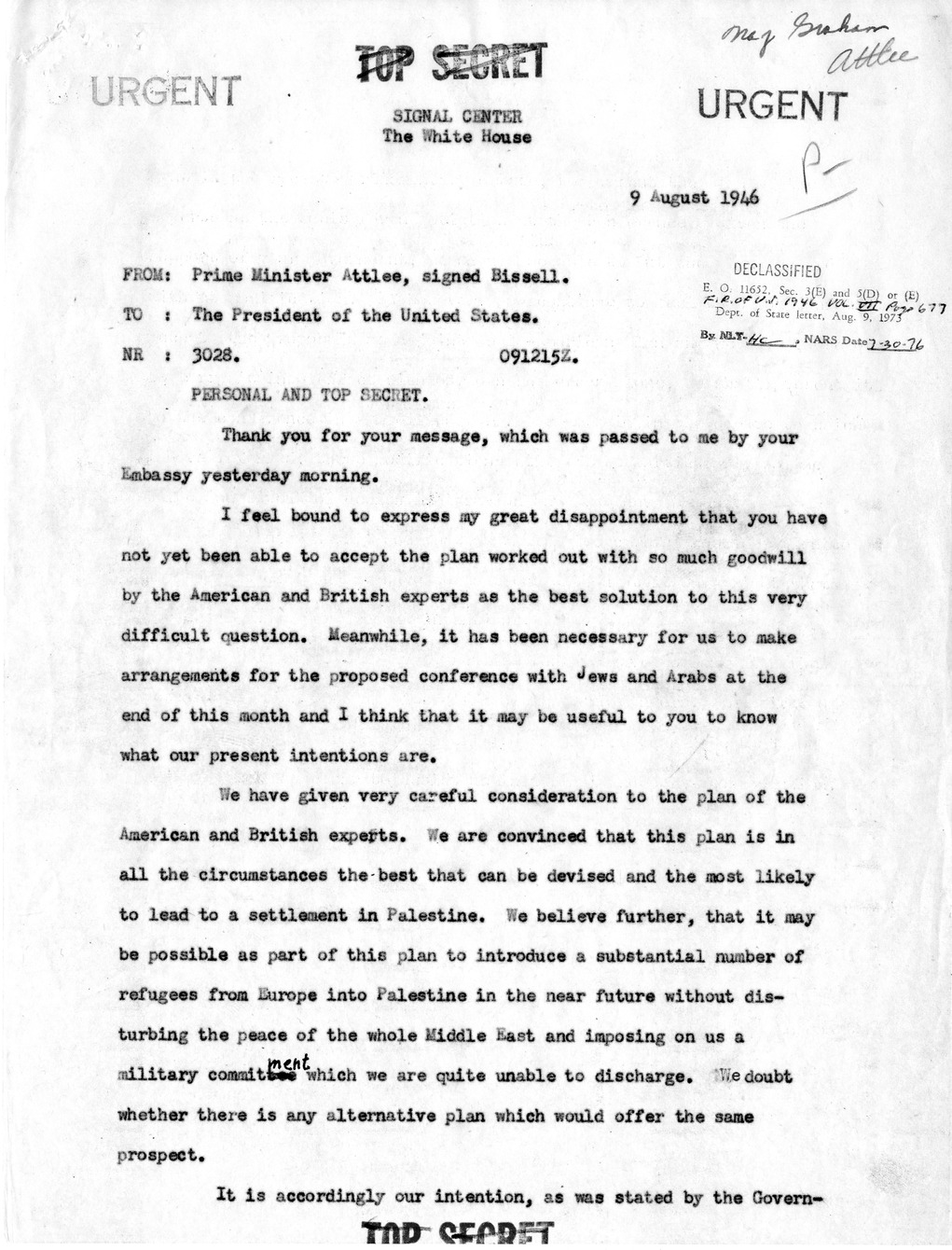 Correspondence Between President Harry S. Truman and Prime Minister Clement Attlee