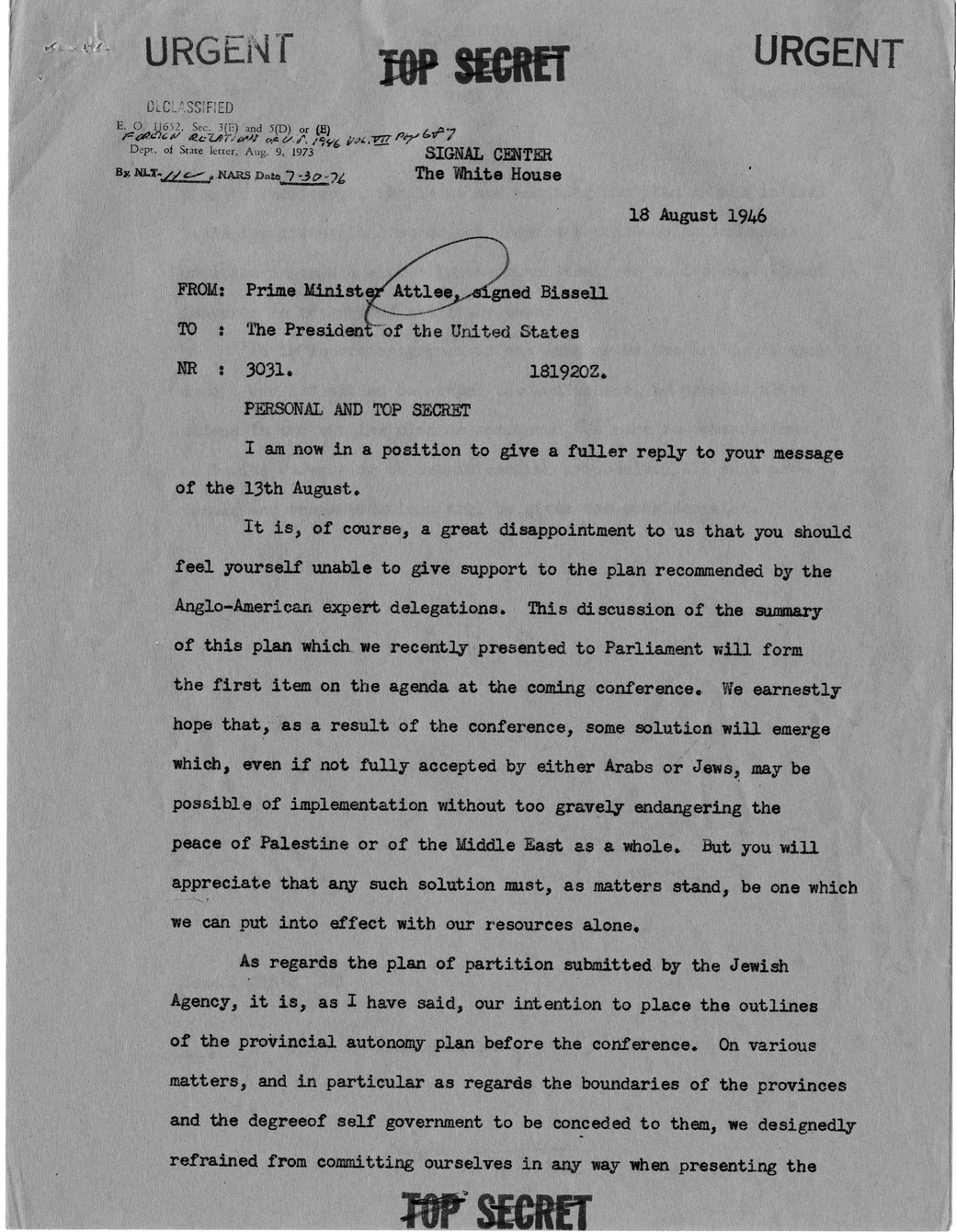 Memorandum from Prime Minister Clement Attlee to President Harry S. Truman