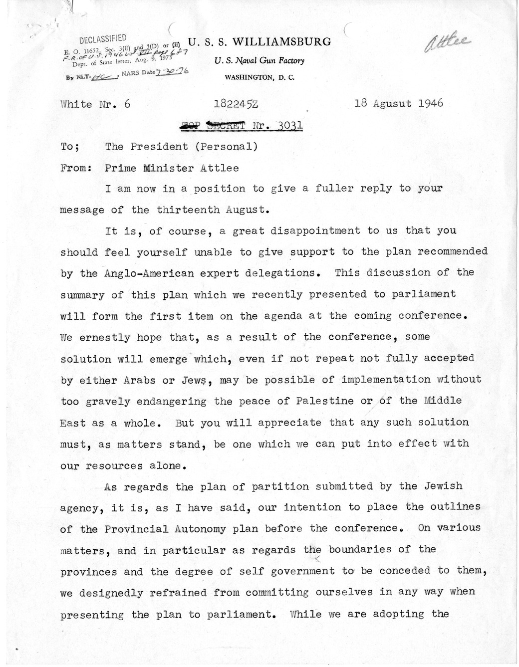 Memorandum from Prime Minister Clement Attlee to President Harry S. Truman