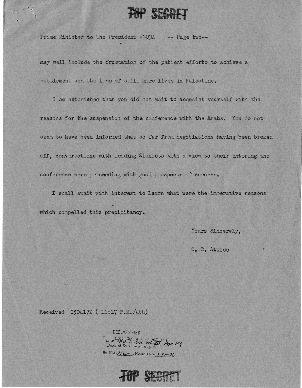 Memorandum from Dean Acheson to President Harry S. Truman, with Attached Correspondence from Prime Minister Clement Attlee