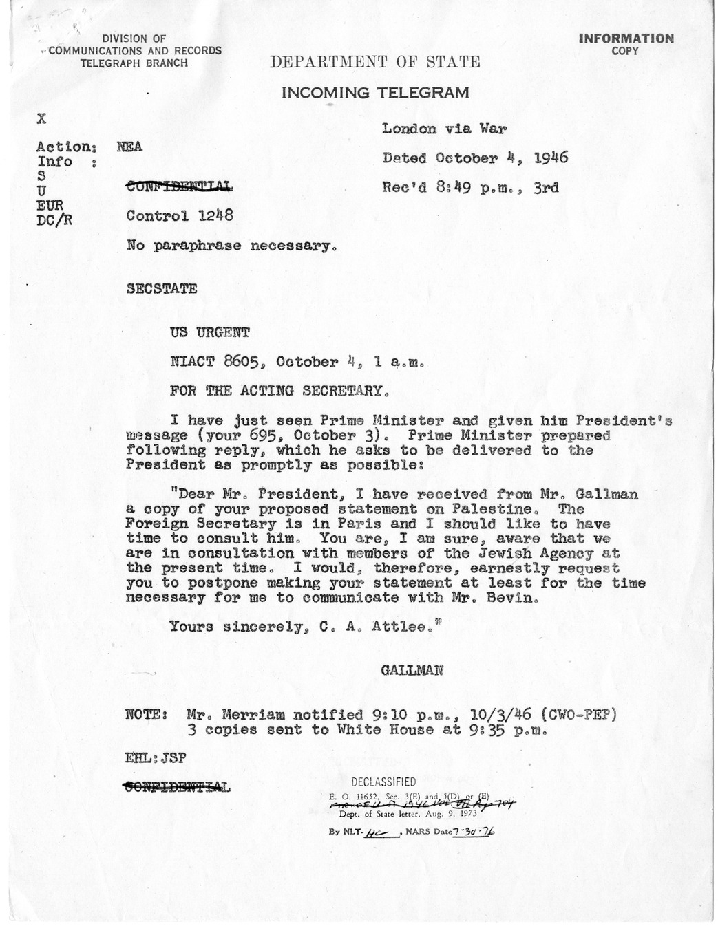Memorandum from Dean Acheson to President Harry S. Truman, with Attached Correspondence from Prime Minister Clement Attlee