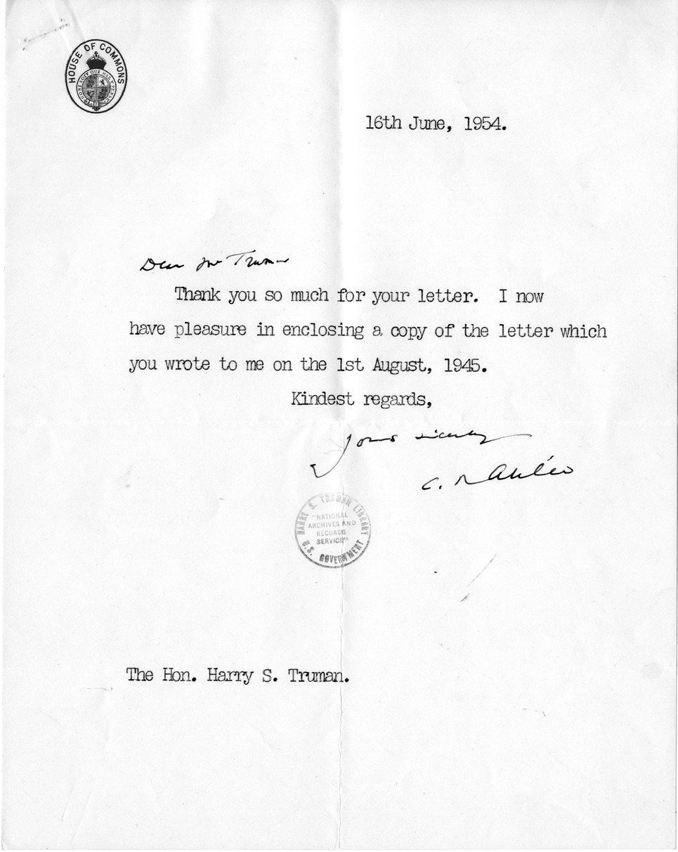 Letter from Clement Attlee to Former President Harry S. Truman