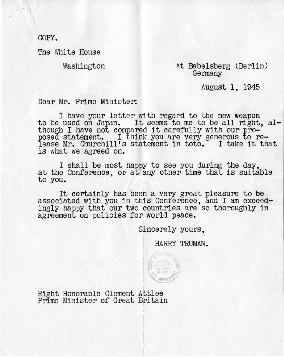 Letter from Clement Attlee to Former President Harry S. Truman