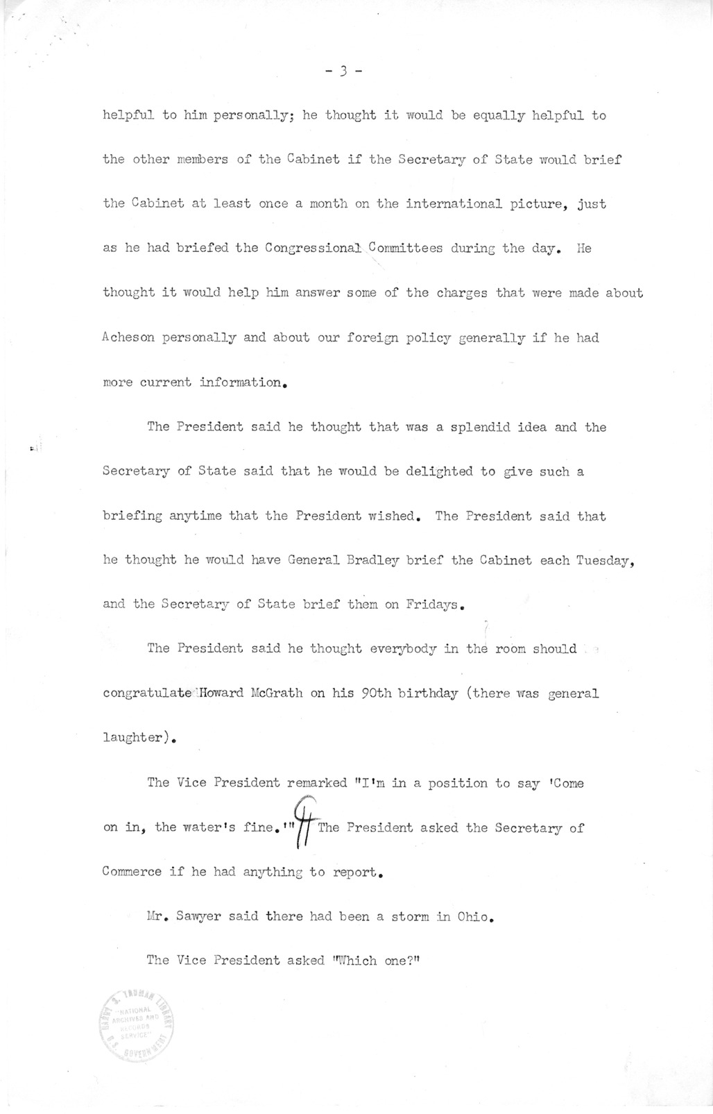 Summary of Meeting of President Harry S. Truman with Congressional Leaders in the Cabinet Room