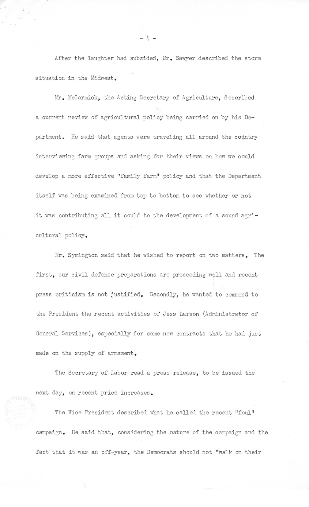 Summary of Meeting of President Harry S. Truman with Congressional Leaders in the Cabinet Room