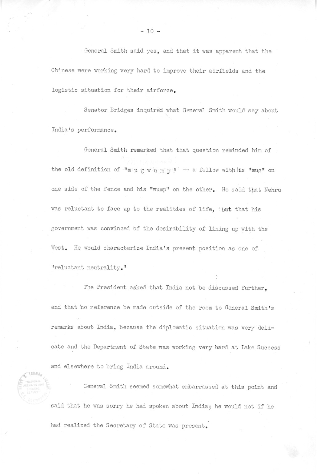 Minutes of Meeting of President Harry S. Truman with Congressional Leaders