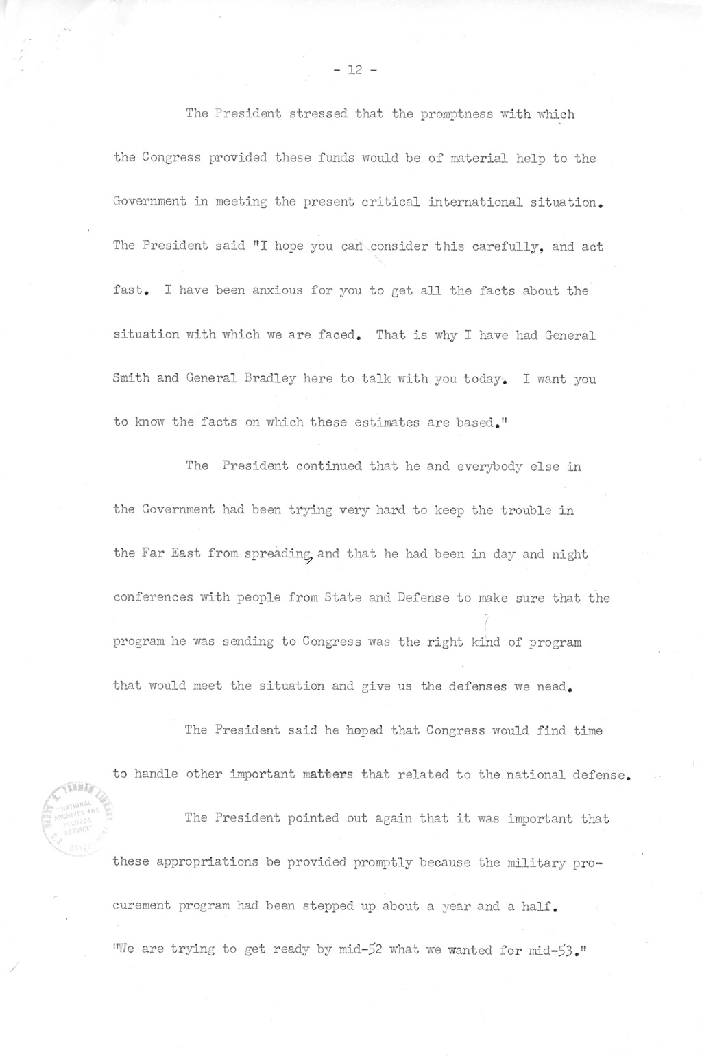 Minutes of Meeting of President Harry S. Truman with Congressional Leaders