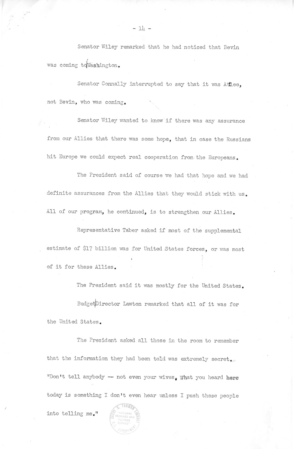 Minutes of Meeting of President Harry S. Truman with Congressional Leaders