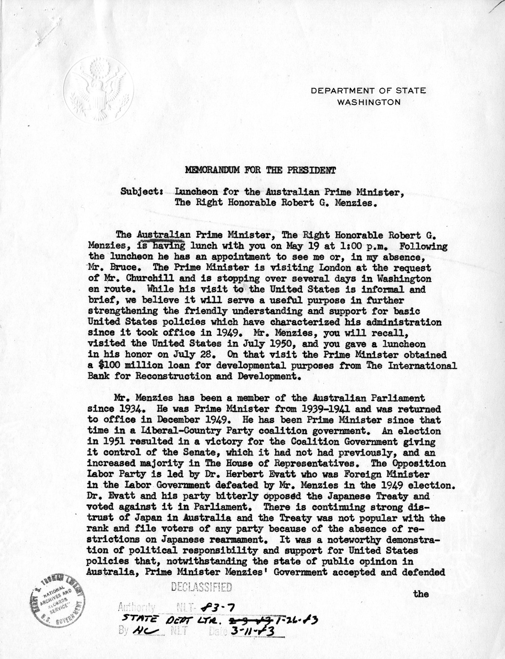 Memorandum for the President from Dean Acheson with attachments