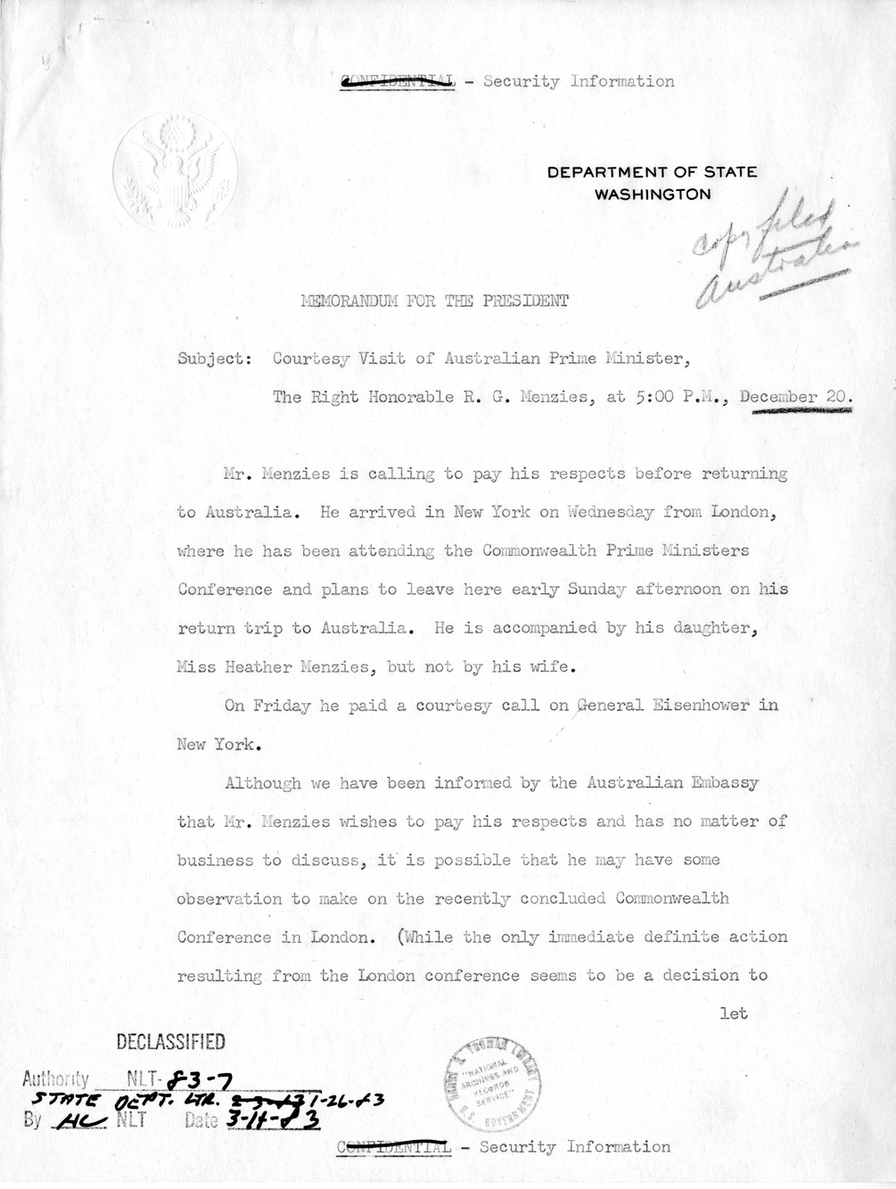 Memorandum for the President from David Bruce