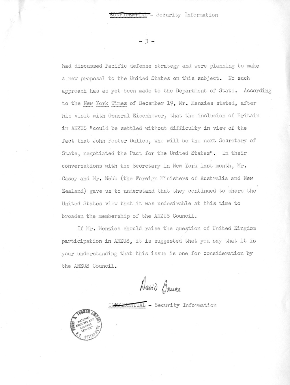 Memorandum for the President from David Bruce