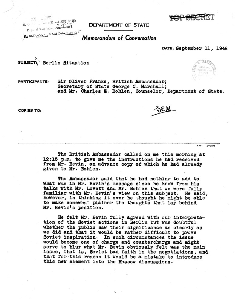 Memorandum of Conversation with Sir Oliver Franks, Secretary of State George Marshall, and Charles Bohlen