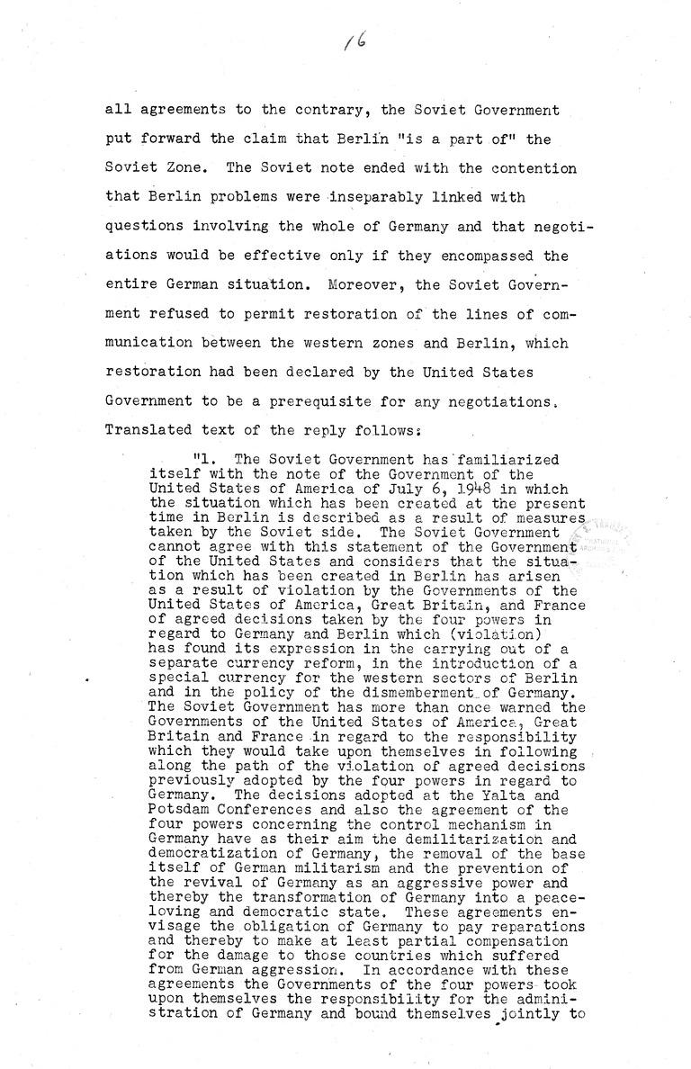 Memorandum from Eben Ayers to President Harry S. Truman, with Attached Report, The Berlin Crisis: Report of the Moscow Discussions, 1948