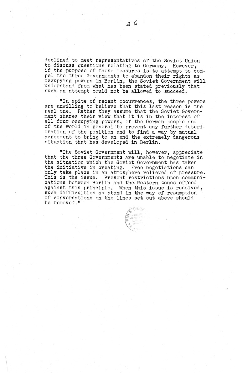 Memorandum from Eben Ayers to President Harry S. Truman, with Attached Report, The Berlin Crisis: Report of the Moscow Discussions, 1948