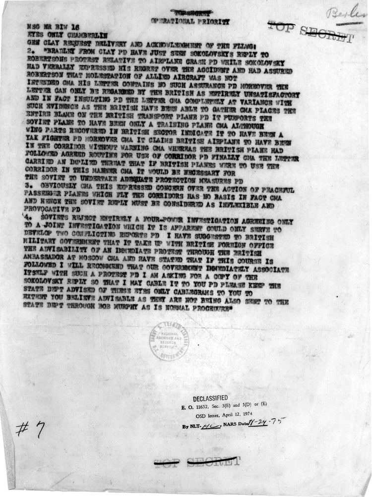 Memorandum from General Lucius Clay on the Berlin Crisis