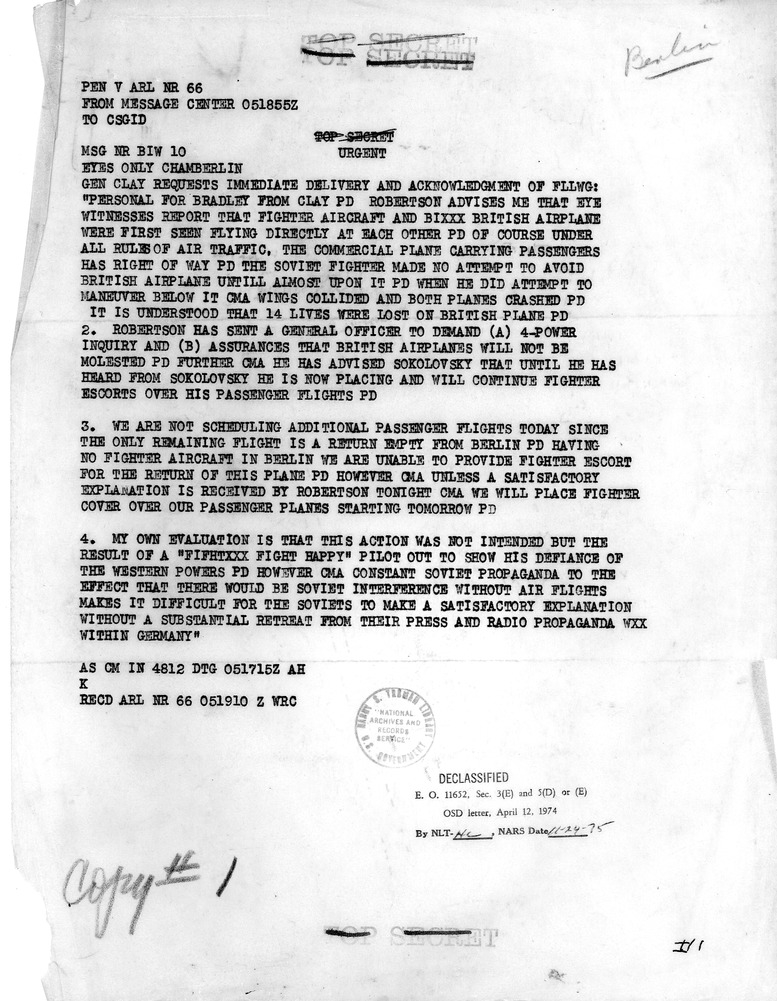 Memorandum from General Lucius Clay on the Berlin Crisis