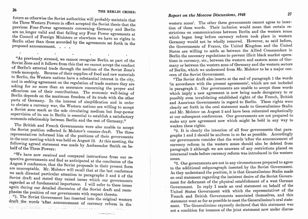 Department of State Published Report, The Berlin Crisis: A Report on the Moscow Discussions, 1948