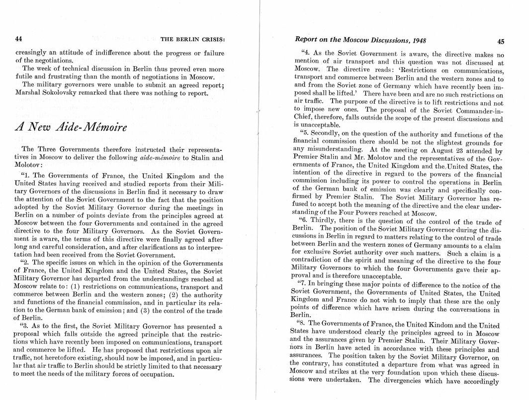 Department of State Published Report, The Berlin Crisis: A Report on the Moscow Discussions, 1948