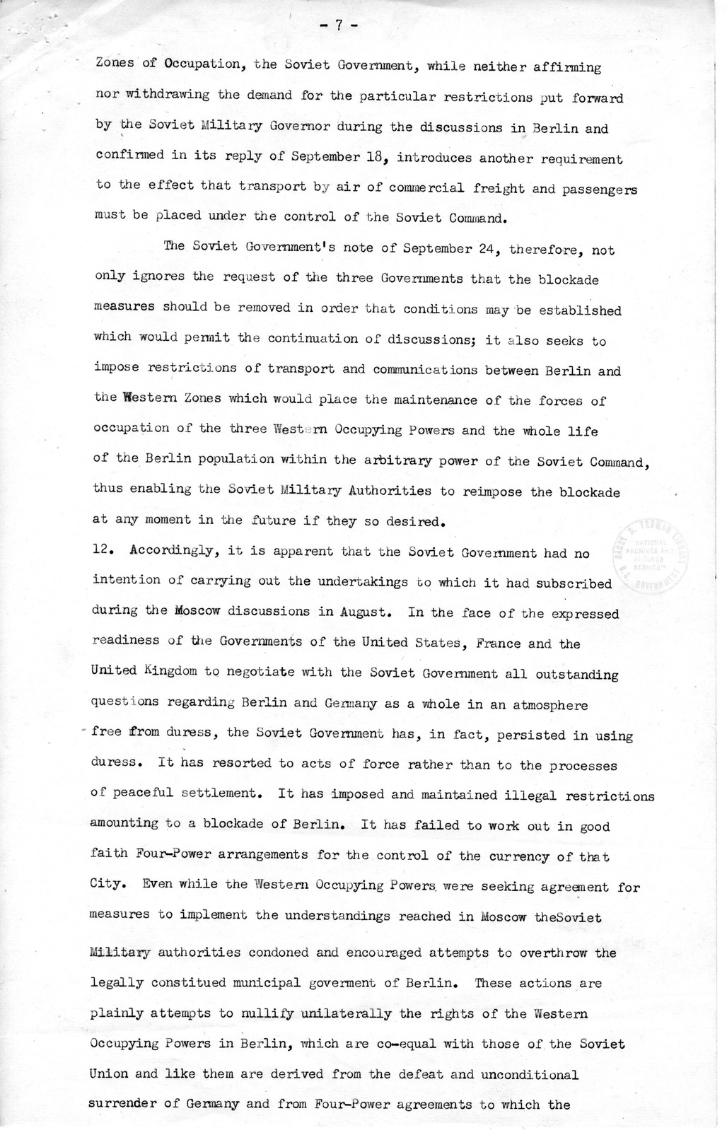 Message from the Department of State to President Harry S. Truman
