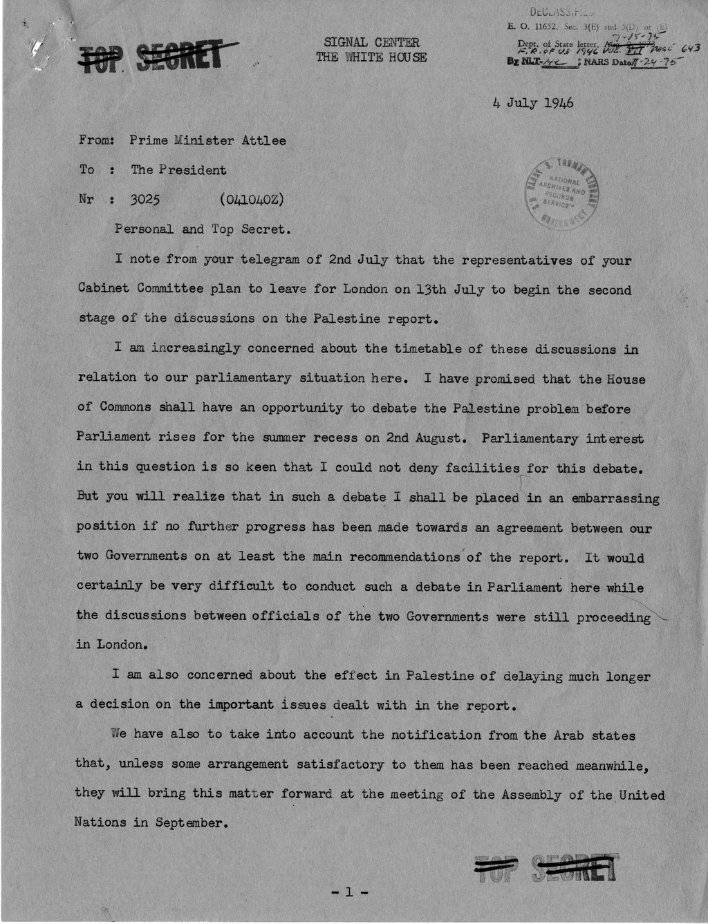 Memorandum from Prime Minister Clement Attlee to President Harry S. Truman with Attachment