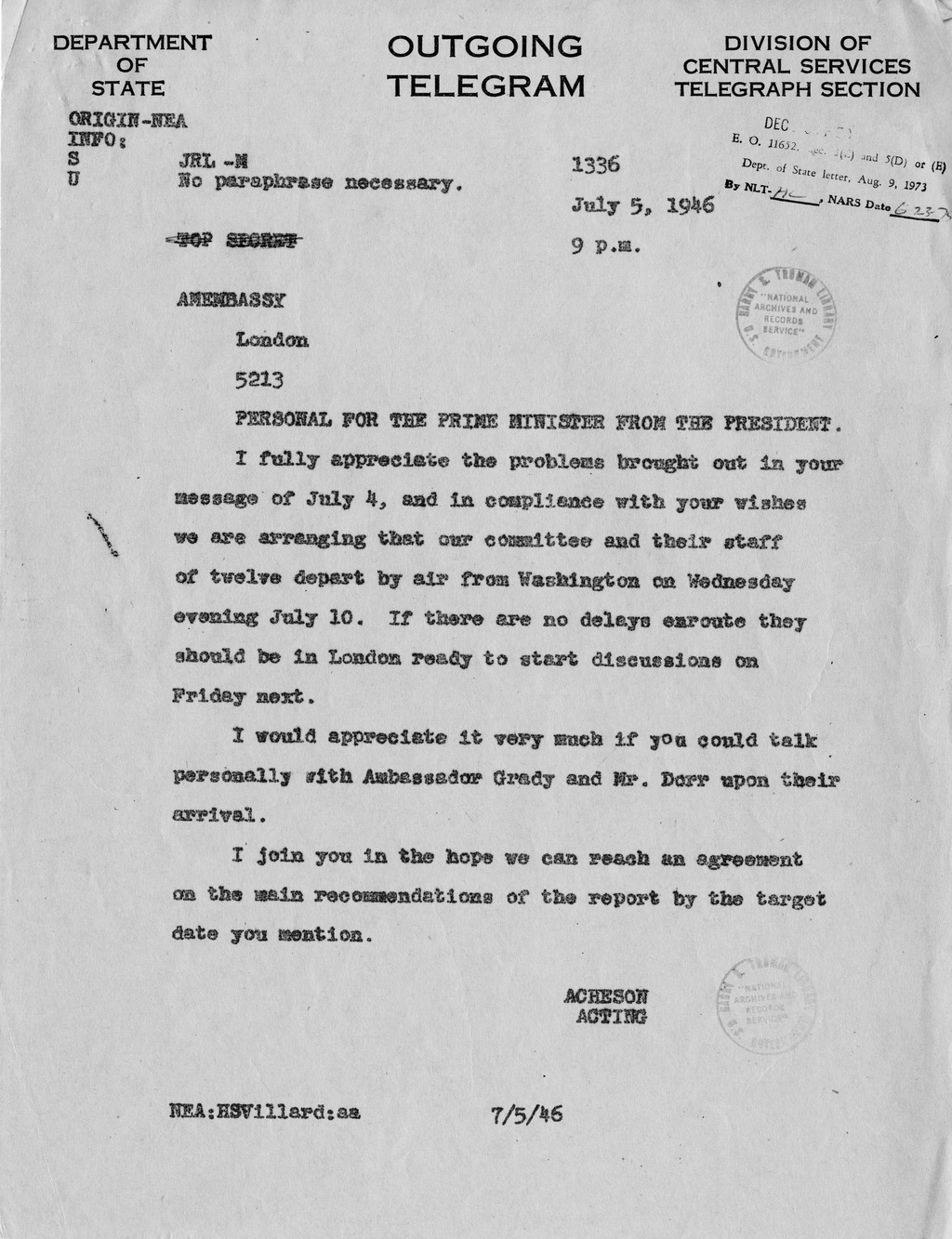 Correspondence Between Prime Minister Clement Attlee and President Harry S. Truman
