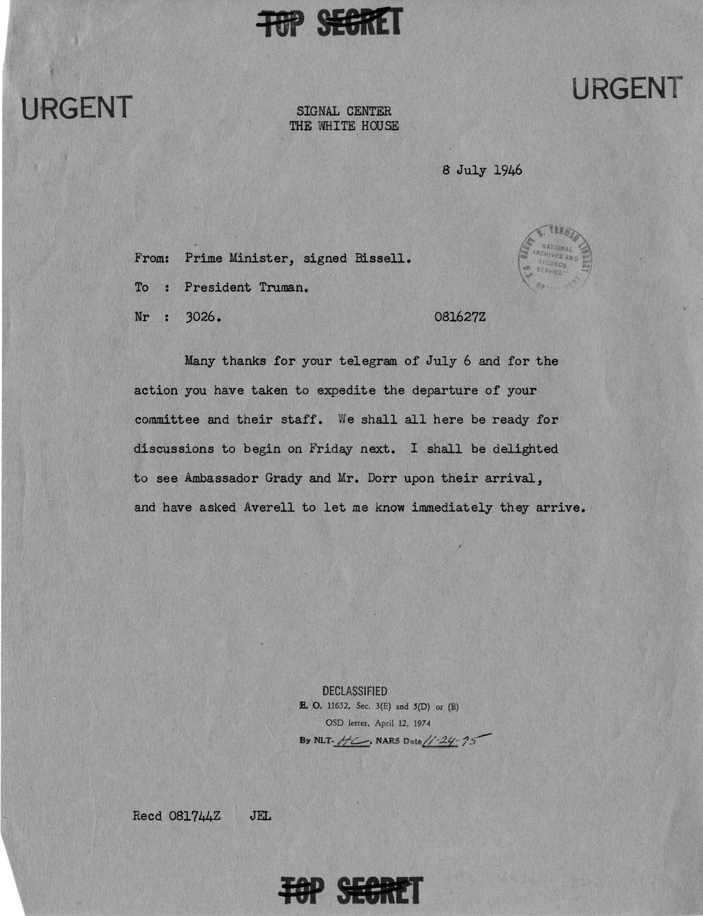 Correspondence Between Prime Minister Clement Attlee and President Harry S. Truman