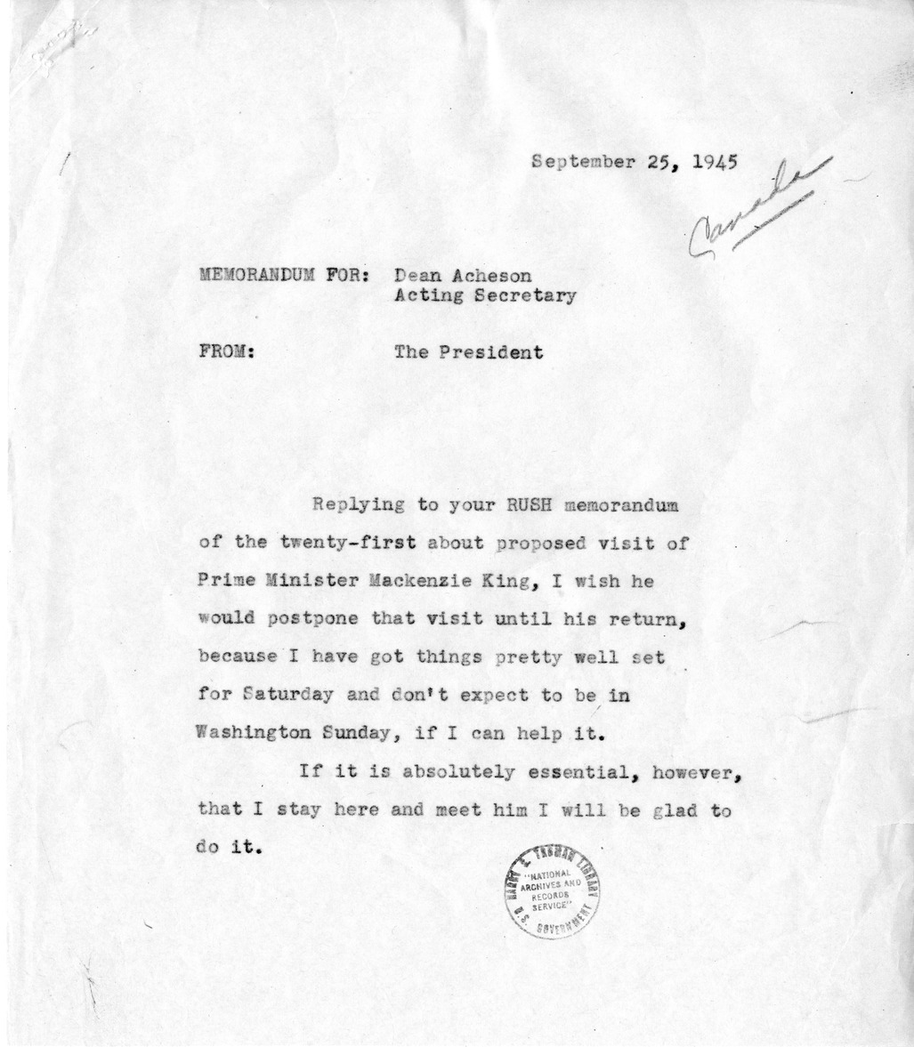 Correspondence Between Acting Secretary of State Dean Acheson and President Harry S. Truman