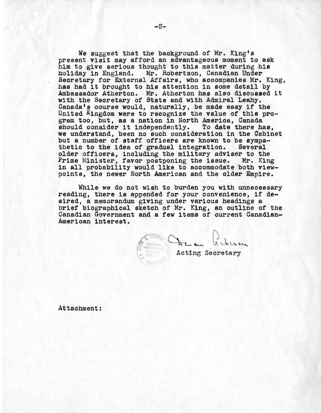 Memorandum from Dean Acheson to President Harry S. Truman, with Attachment