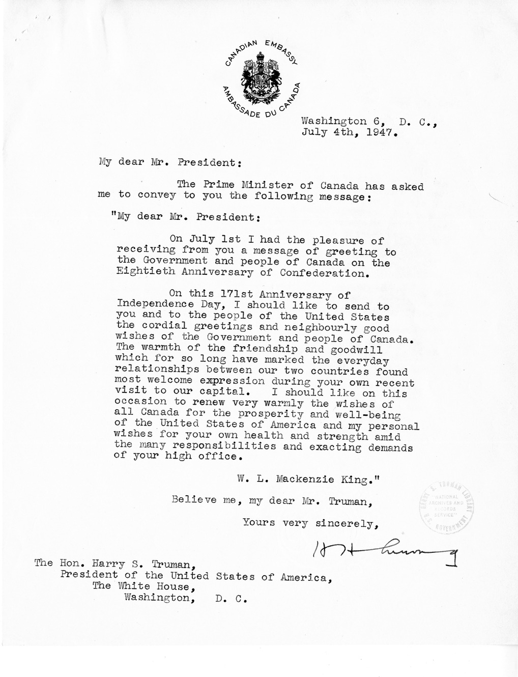 Letter from Ambassador Hume Wrong to President Harry S. Truman, with Related Material