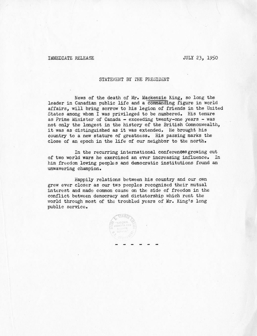 Press Release, Statement by the President