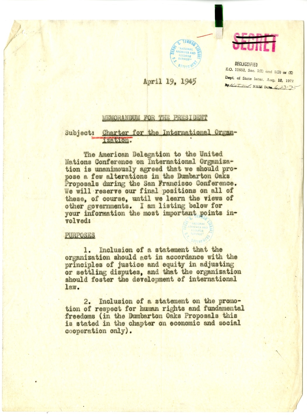 Memorandum from Secretary of State Edward Stettinius to President Harry S. Truman