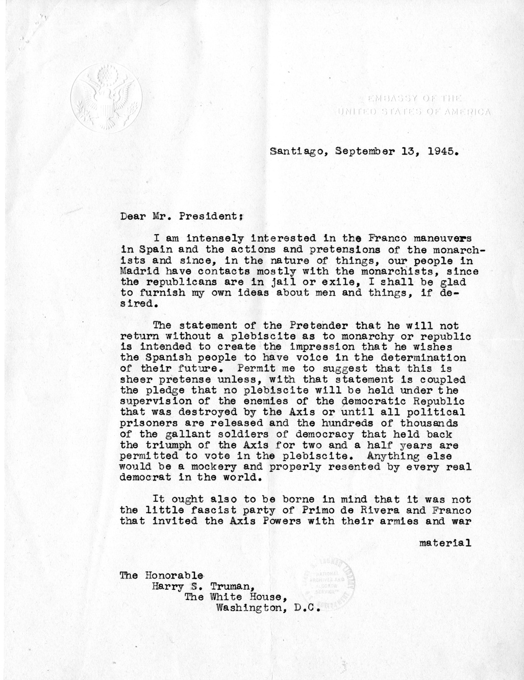 Correspondence Between Ambassador Claude Bowers and President Harry S. Truman