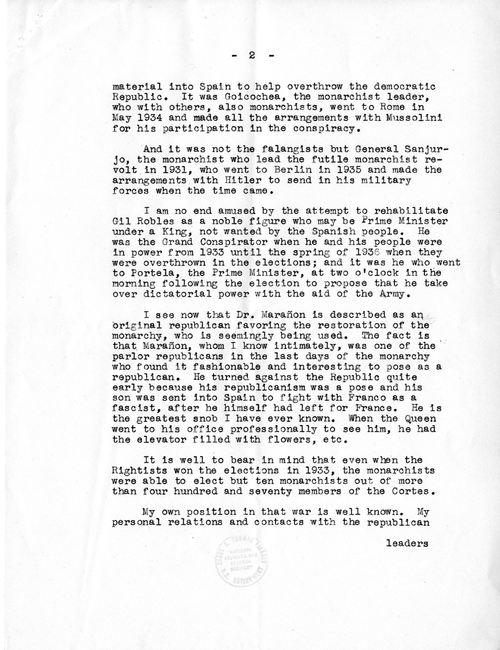 Correspondence Between Ambassador Claude Bowers and President Harry S. Truman