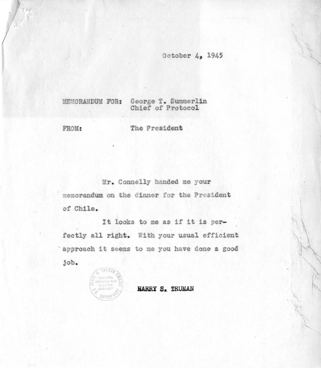 Memoranda from George Summerlin to President Harry S. Truman and Matthew Connelly