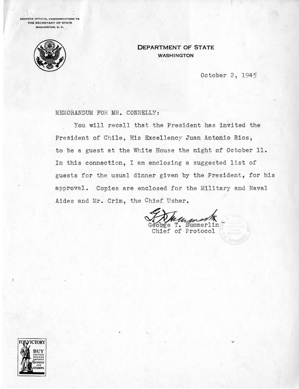 Memoranda from George Summerlin to President Harry S. Truman and Matthew Connelly