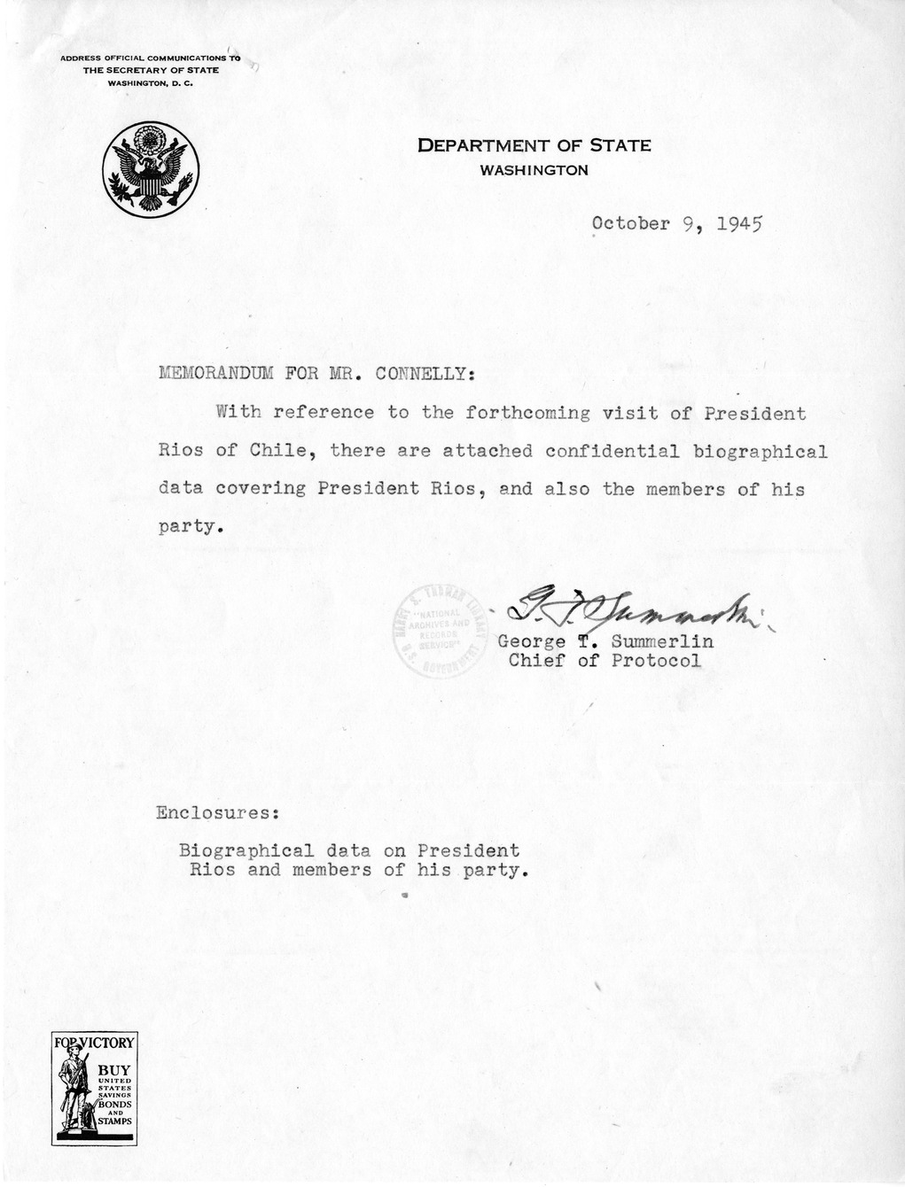 Memorandum from George Summerlin to Matthew Connelly, wiht Attachment