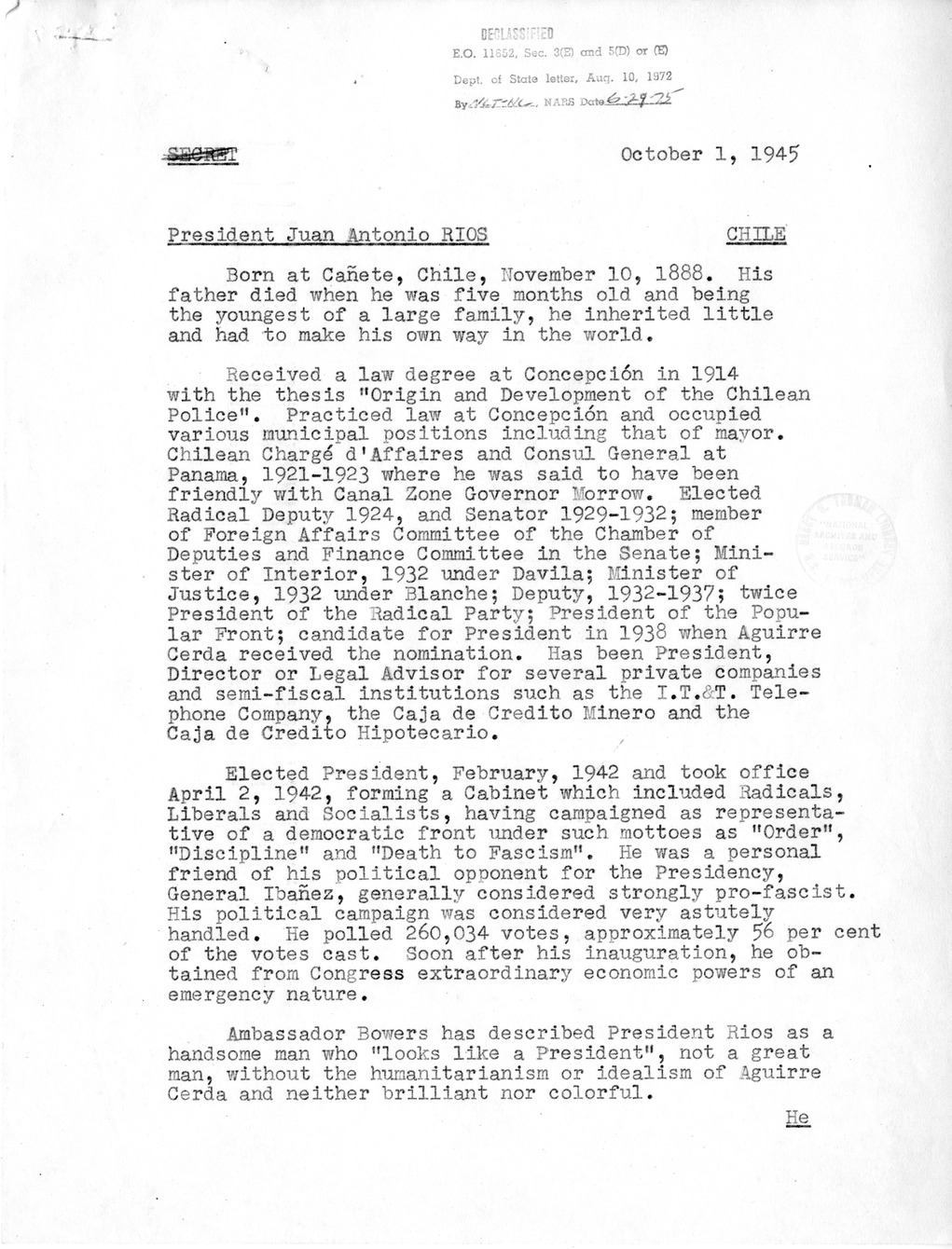 Memorandum from George Summerlin to Matthew Connelly, wiht Attachment