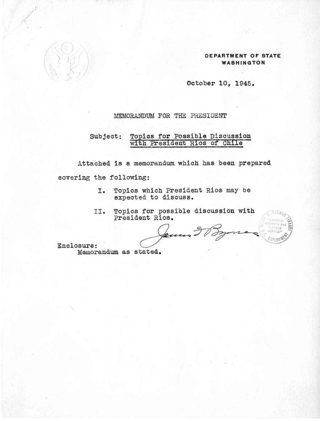 Memorandum from Secretary of State James Byrnes to President Harry S. Truman