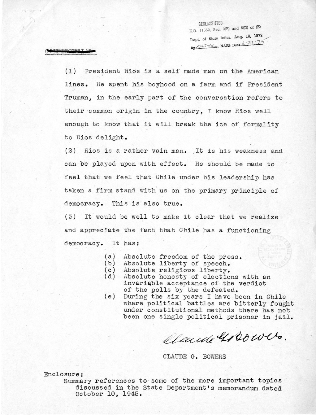 Memorandum from Secretary of States James Byrnes to President Harry S. Truman, with Attachment from Claude Bowers