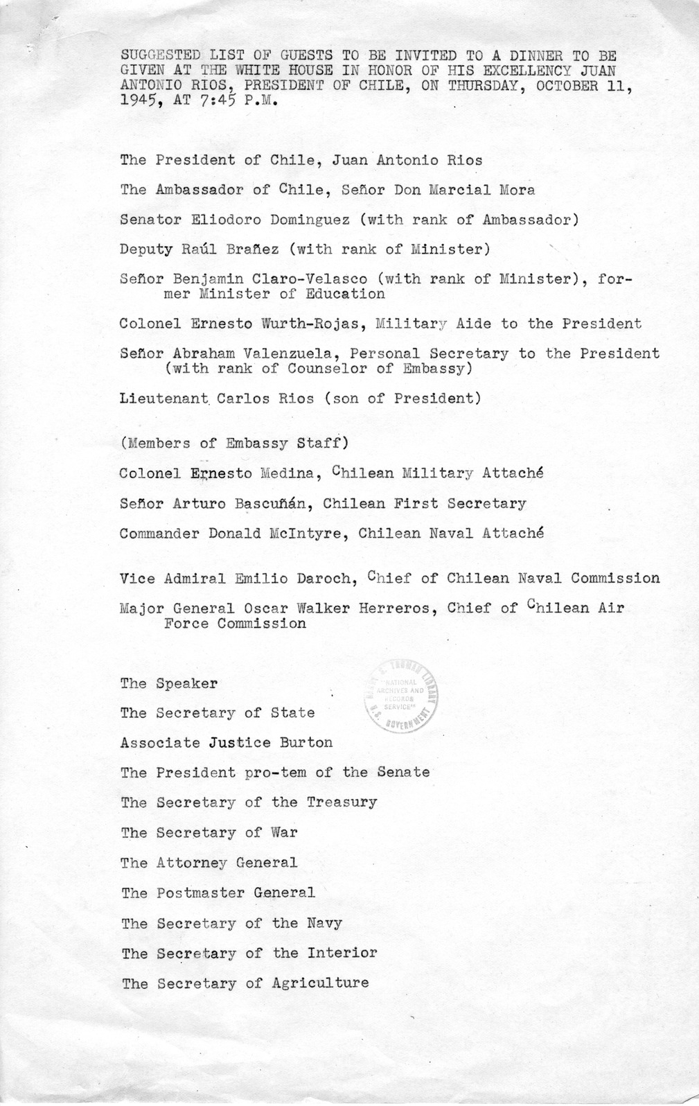 Memorandum, Suggested List of Guests to be Invited to a White House Dinner in Honor of Juan Antonio Rios, President of Chile