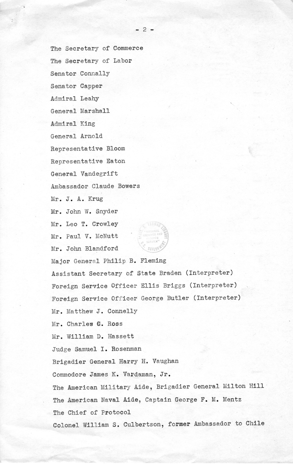 Memorandum, Suggested List of Guests to be Invited to a White House Dinner in Honor of Juan Antonio Rios, President of Chile