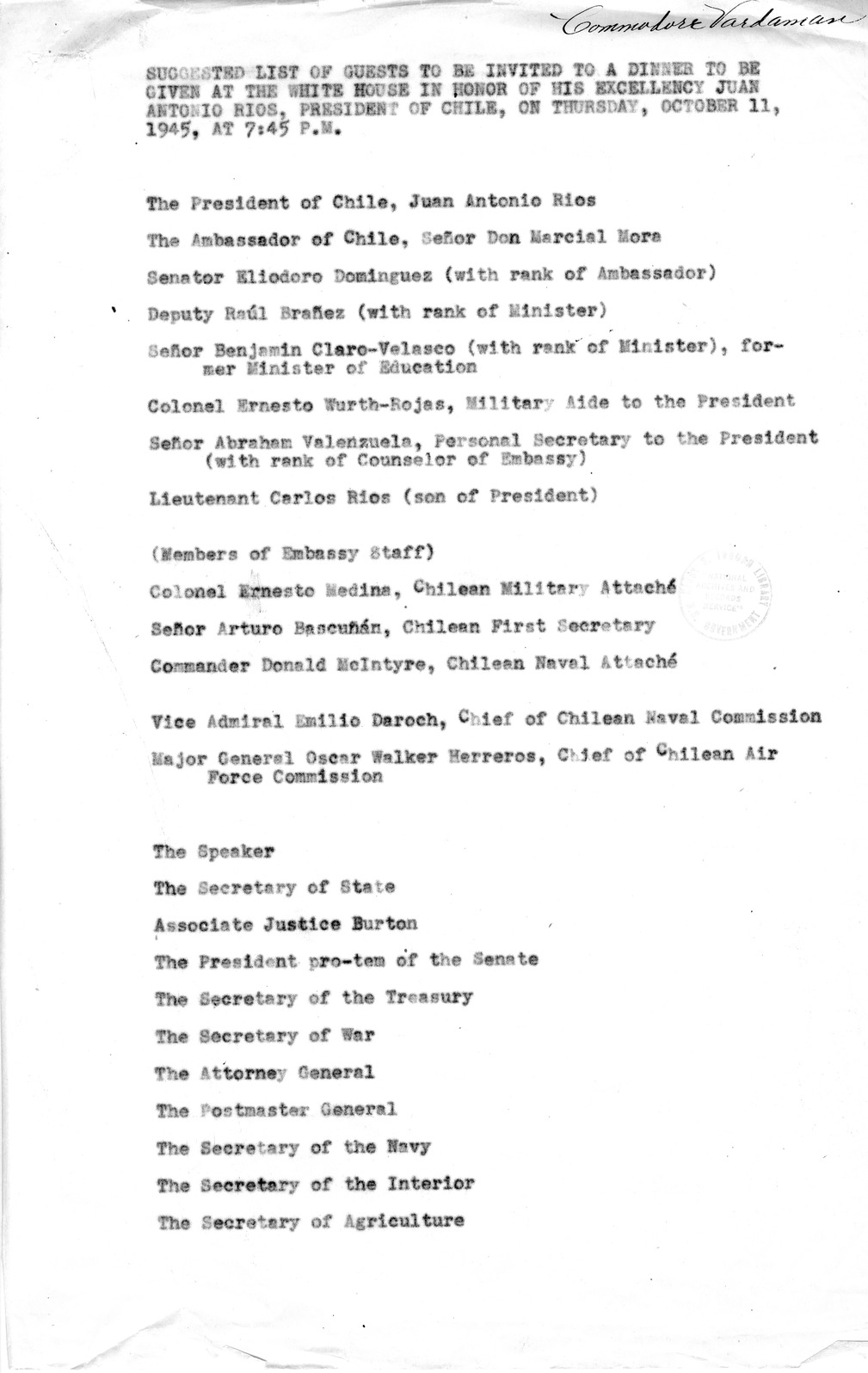 Memorandum, Suggested List of Guests to be Invited to a White House Dinner in Honor of Juan Antonio Rios, President of Chile