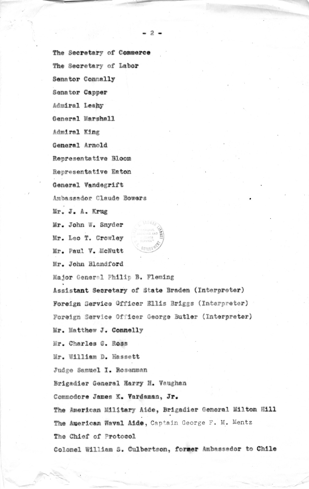 Memorandum, Suggested List of Guests to be Invited to a White House Dinner in Honor of Juan Antonio Rios, President of Chile