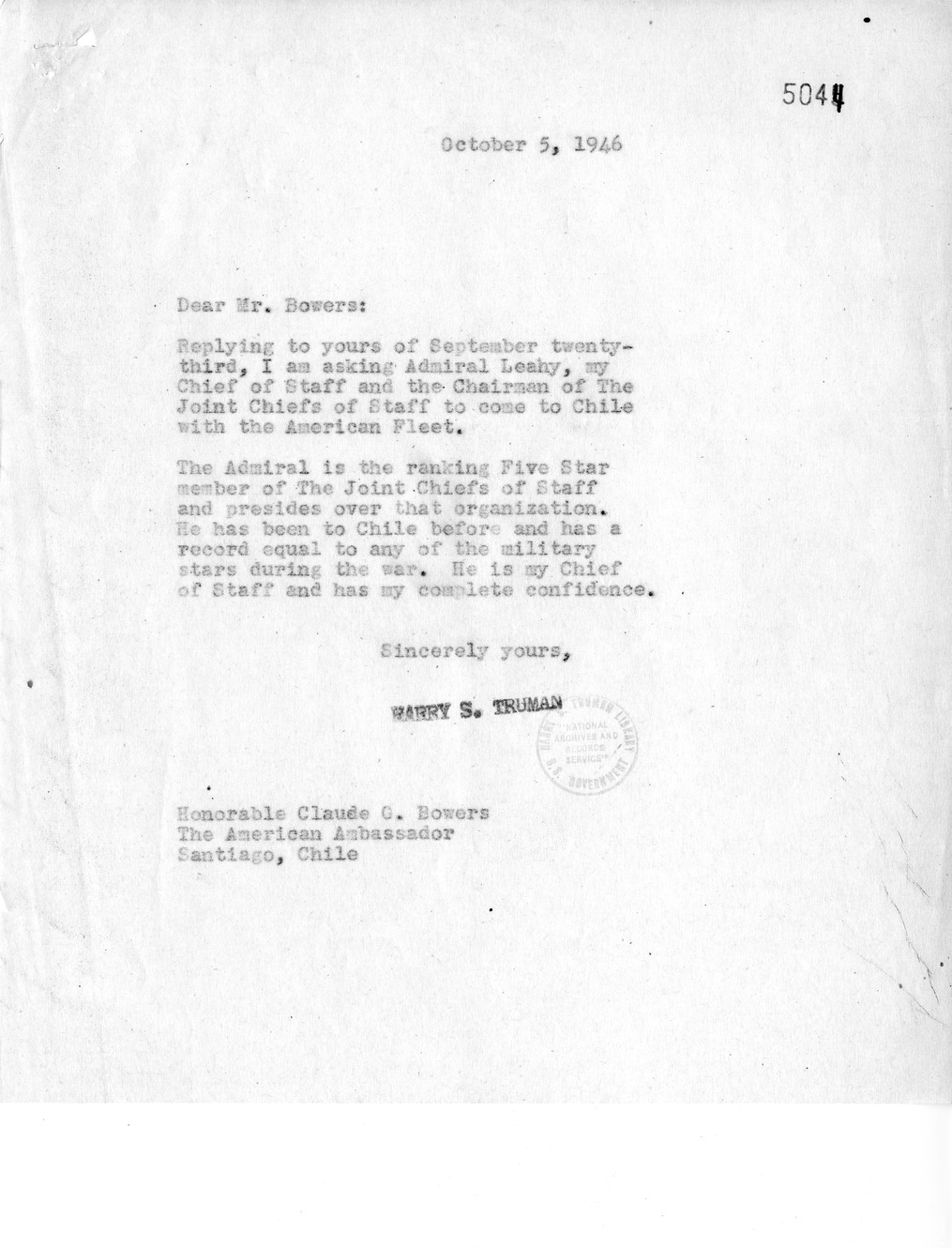 Correspondence Between President Harry S. Truman and Ambassador Claude Bowers
