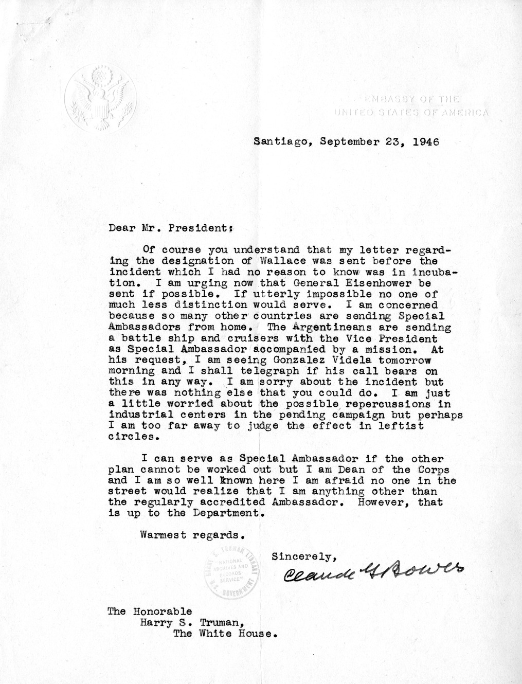 Correspondence Between President Harry S. Truman and Ambassador Claude Bowers