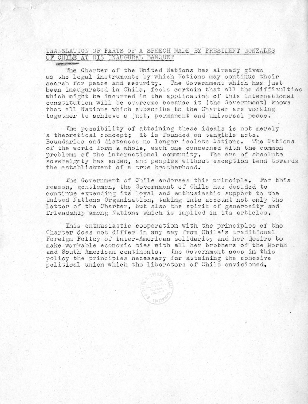 Translation of Parts of a Speech made by President Gabriel Gonzalez Videla at his Inaugural Banquet and Notes on Chilean Visit